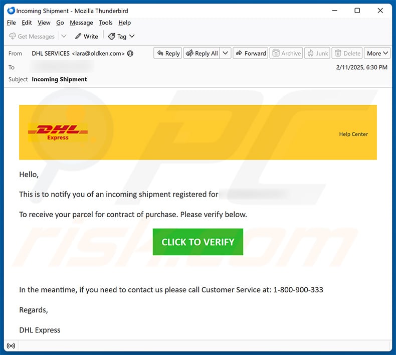 DHL - Incoming Shipment Notification email scam (2025-02-21)