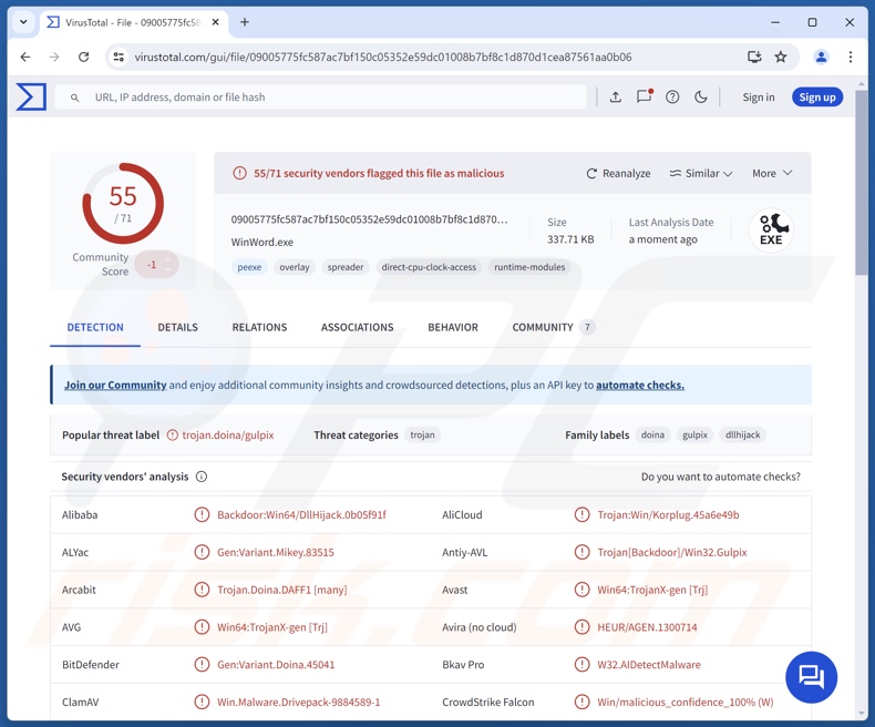 EagerBee malware detections on VirusTotal