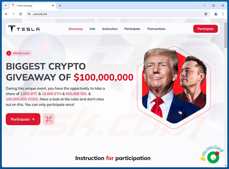 Elon Musk X Donald Trump Crypto Giveaway scam website - usmusk[.]net