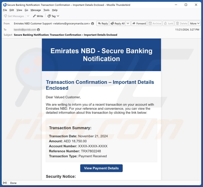 Emirates NBD - Secure Banking Notification email spam campaign