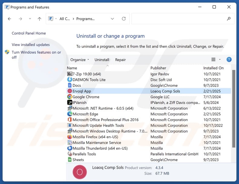 Ervoql App uninstall via Control Panel