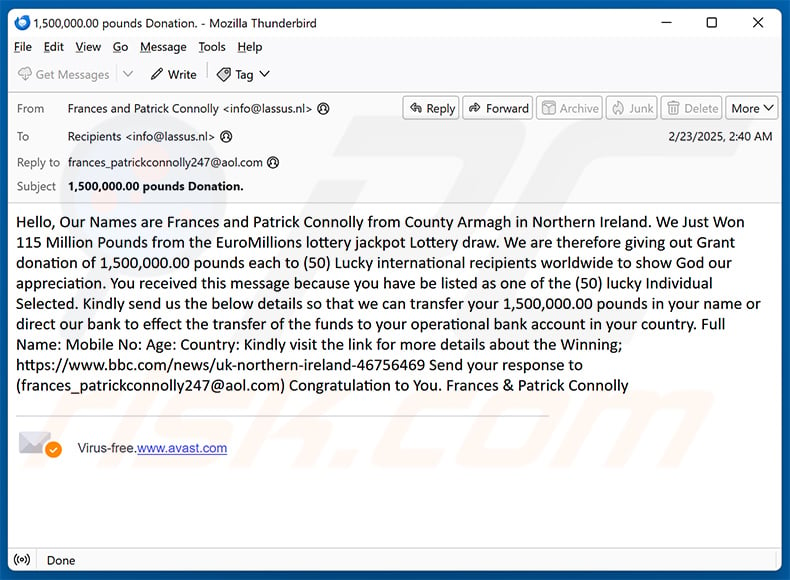 Euro Millions lottery email scam (2025-02-25)