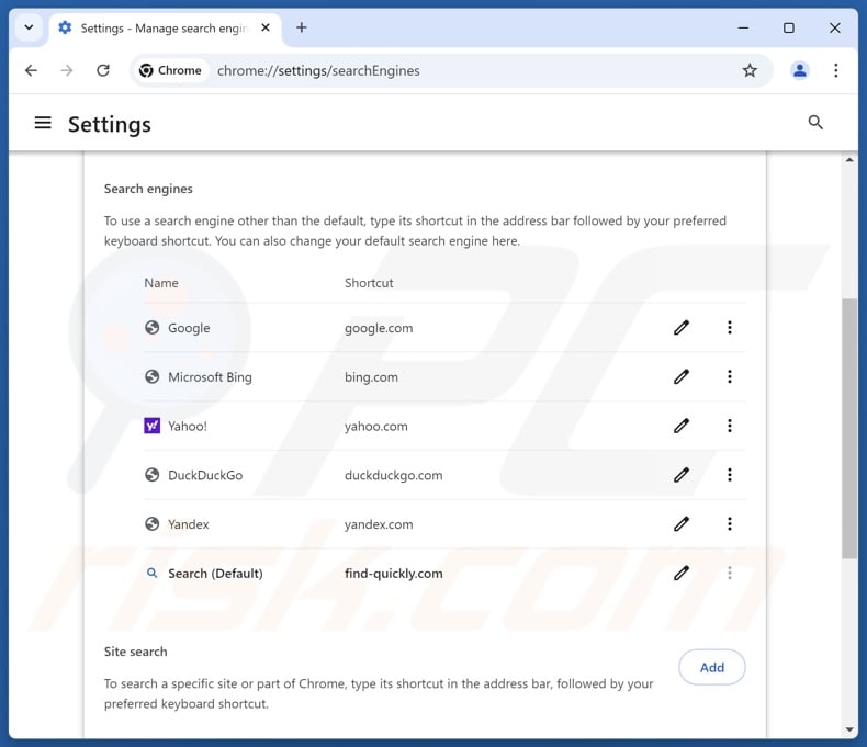 Removing find-quickly.com from Google Chrome default search engine