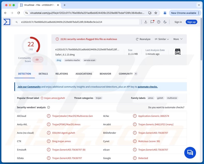 FrigidStealer malware detections on VirusTotal