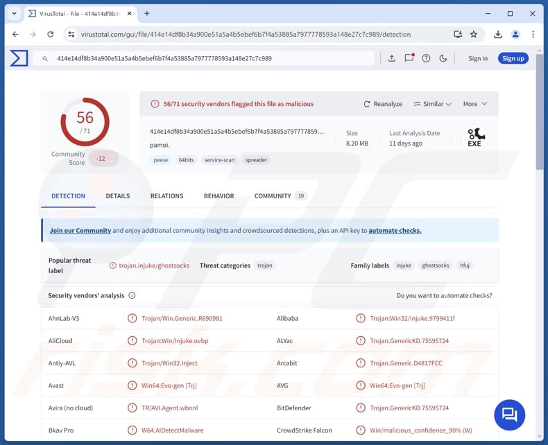 GhostSocks malware detections on VirusTotal