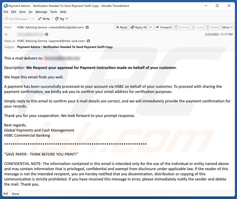 HSBC Payment Confirmation email spam campaign