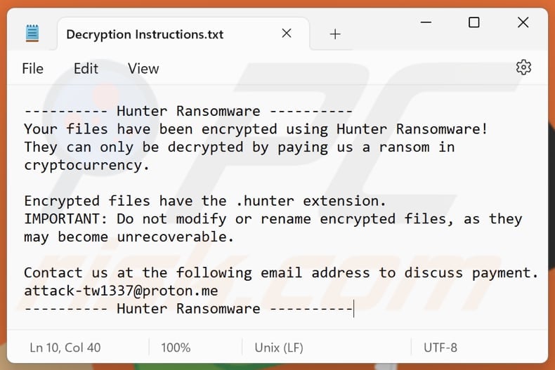 Hunter ransomware text file (Decryption Instructions.txt)