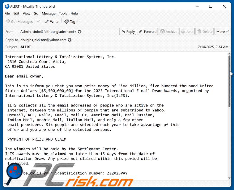 International Lottery & Totalizator Systems scam email appearance (GIF)