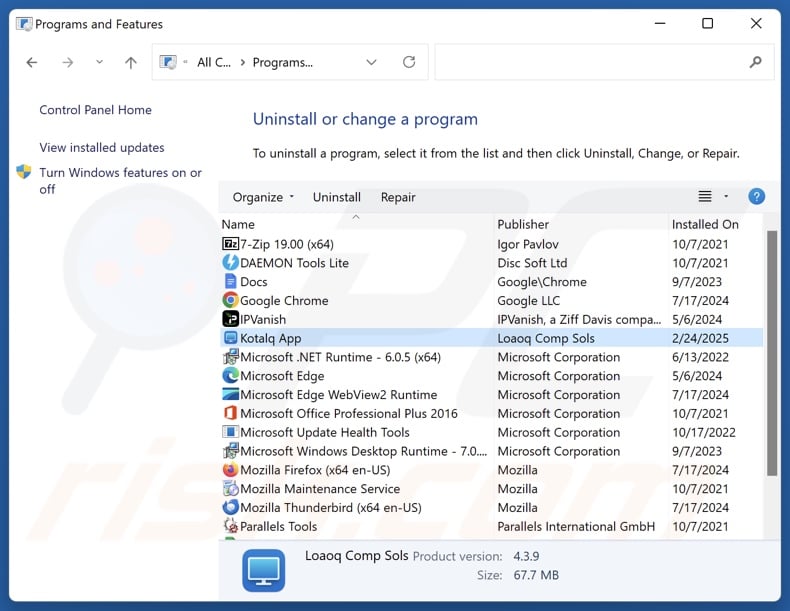 Kotalq App uninstall via Control Panel