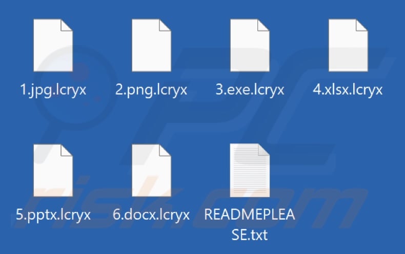 Files encrypted by LCRYPTX ransomware (.lcryx extension)