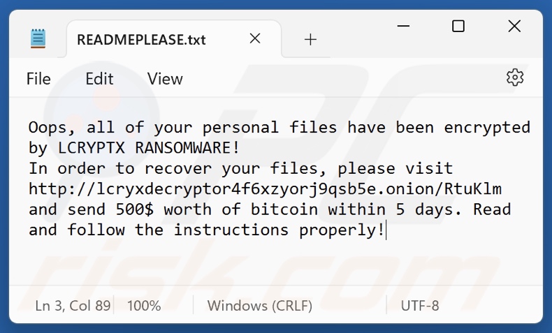 LCRYPTX ransomware ransom note (READMEPLEASE.txt)