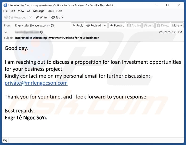 Loan Investment Opportunities For Your Business email spam campaign