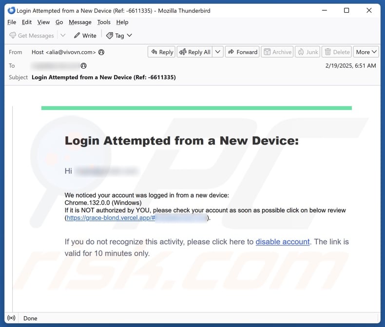 Login From A New Device email spam campaign