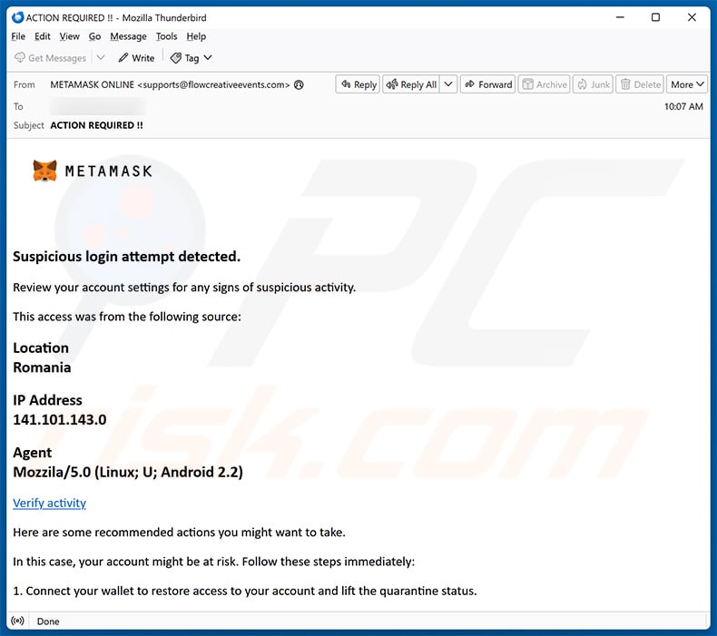 MetaMask - Suspicious login attempt detected email scam (2025-02-25)