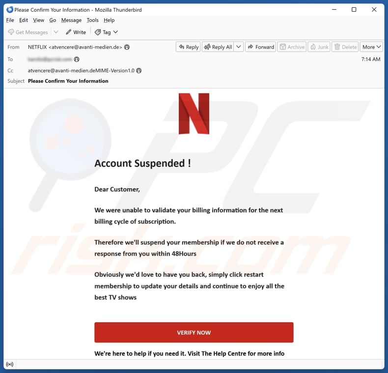 Netflix Account Suspended email spam campaign