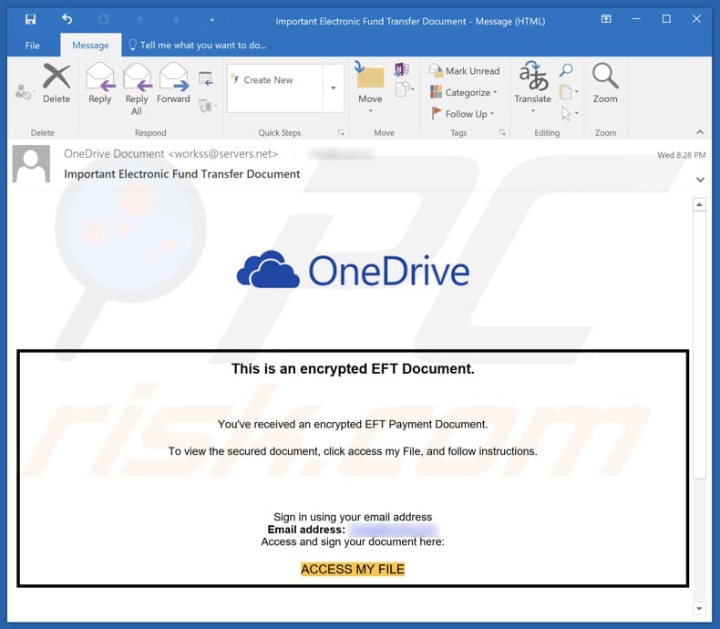 OneDrive - Encrypted EFT Document email spam campaign