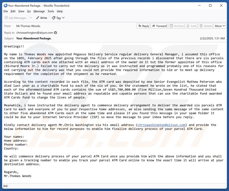 Parcels Containing ATM Cards email spam campaign