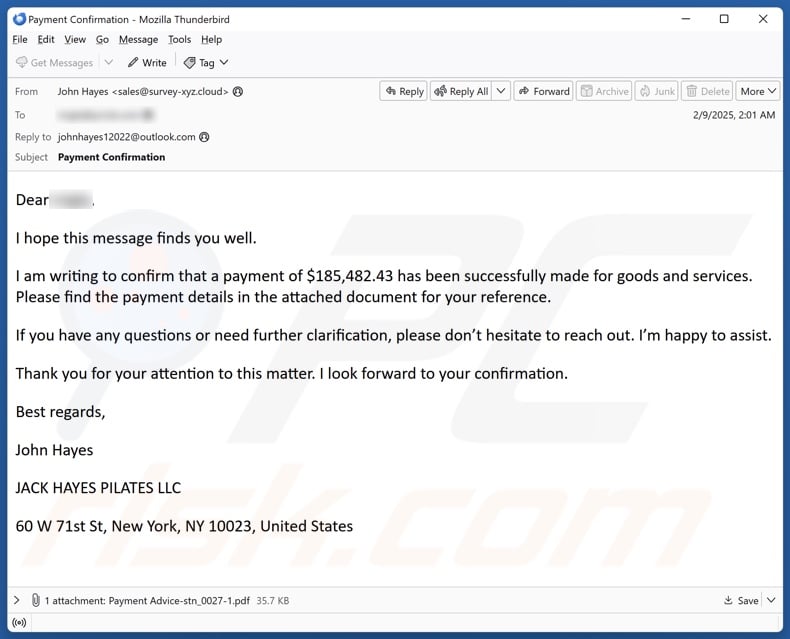 Payment For Goods And Services email spam campaign