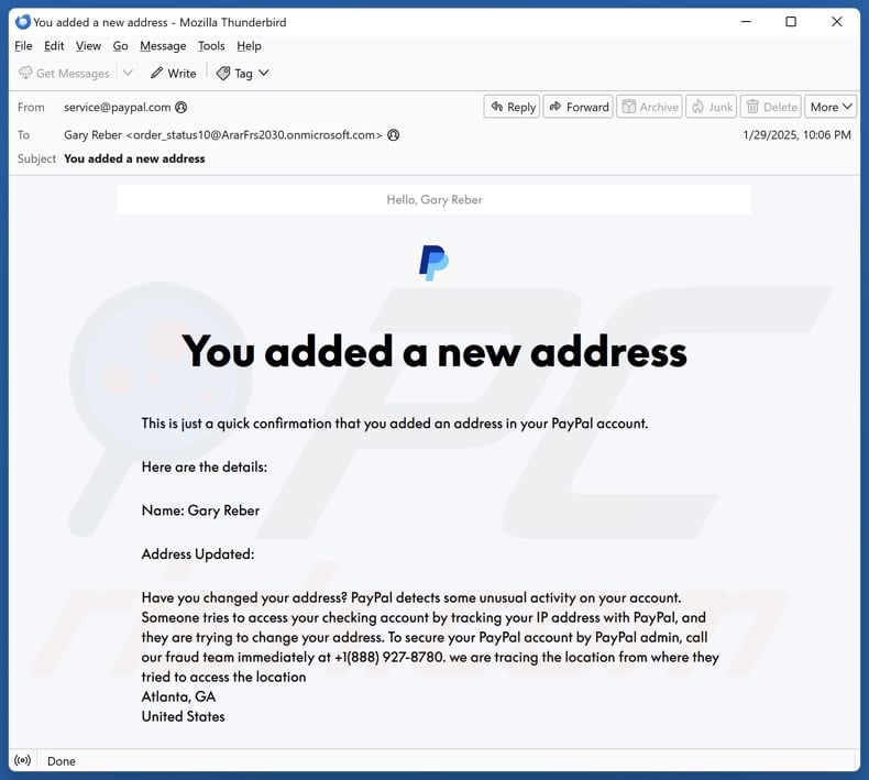 PayPal - You Added A New Address scam email alternative variant