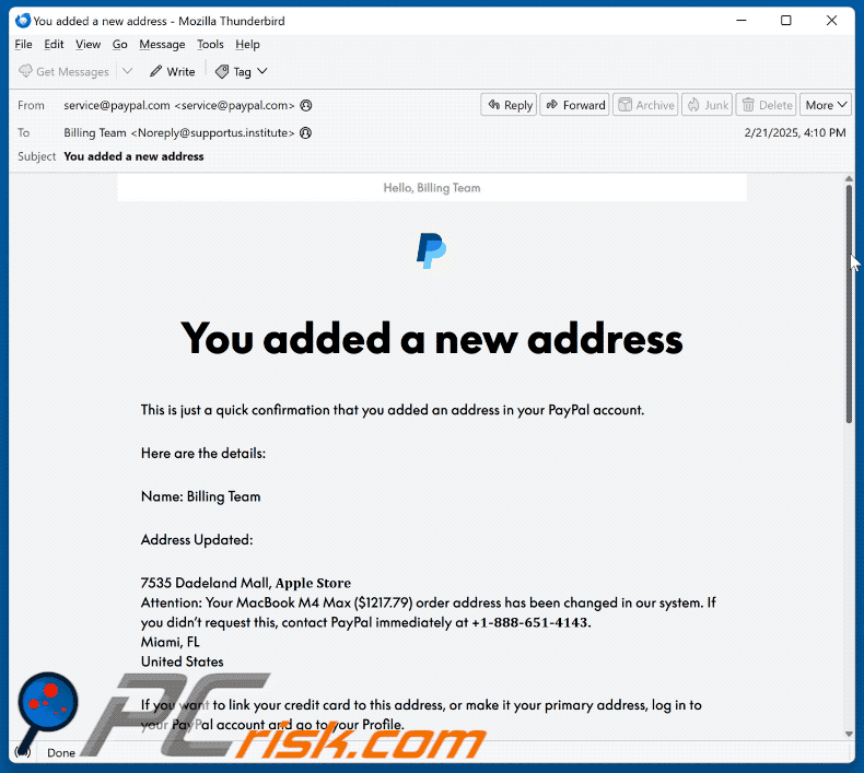 PayPal - You Added A New Address scam email appearance (GIF)