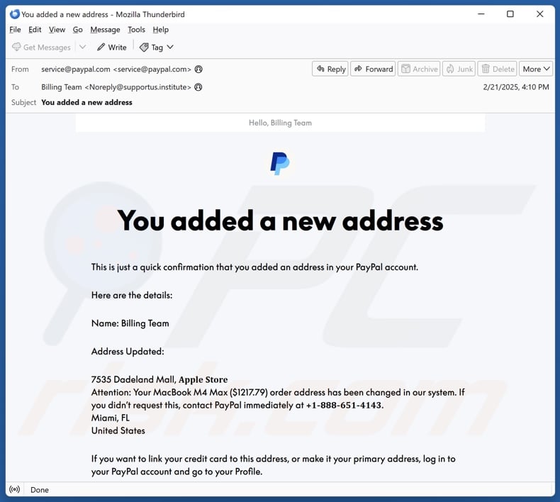 PayPal - You Added A New Address email spam campaign