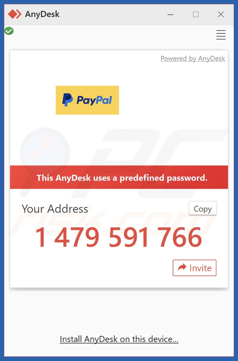 PayPal - You Added A New Address scam email promoted preconfigured AnyDesk .exe file