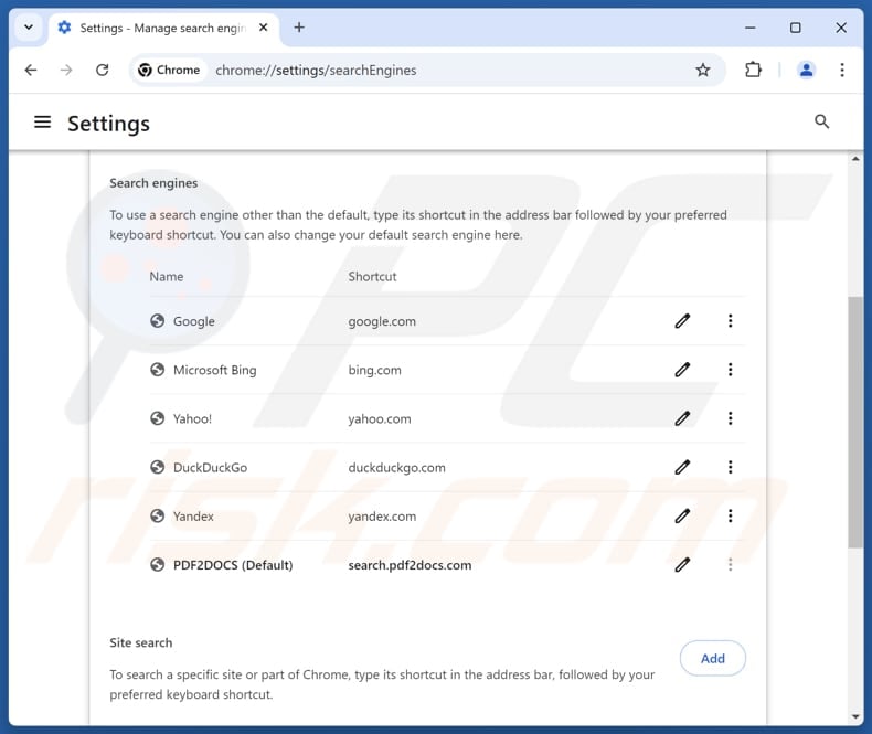 Removing pdf2docs.com from Google Chrome default search engine