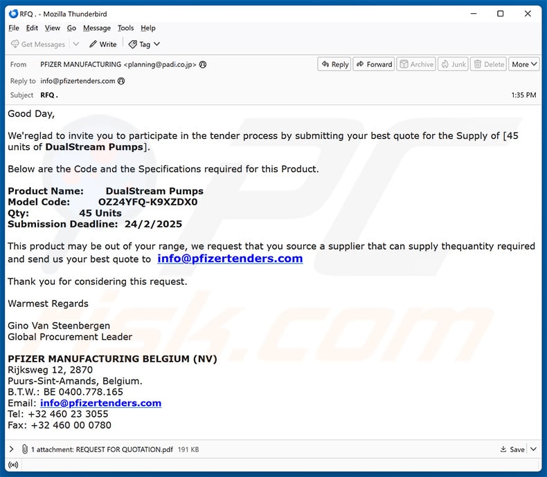 Pfizer Supply email scam (2025-02-12)