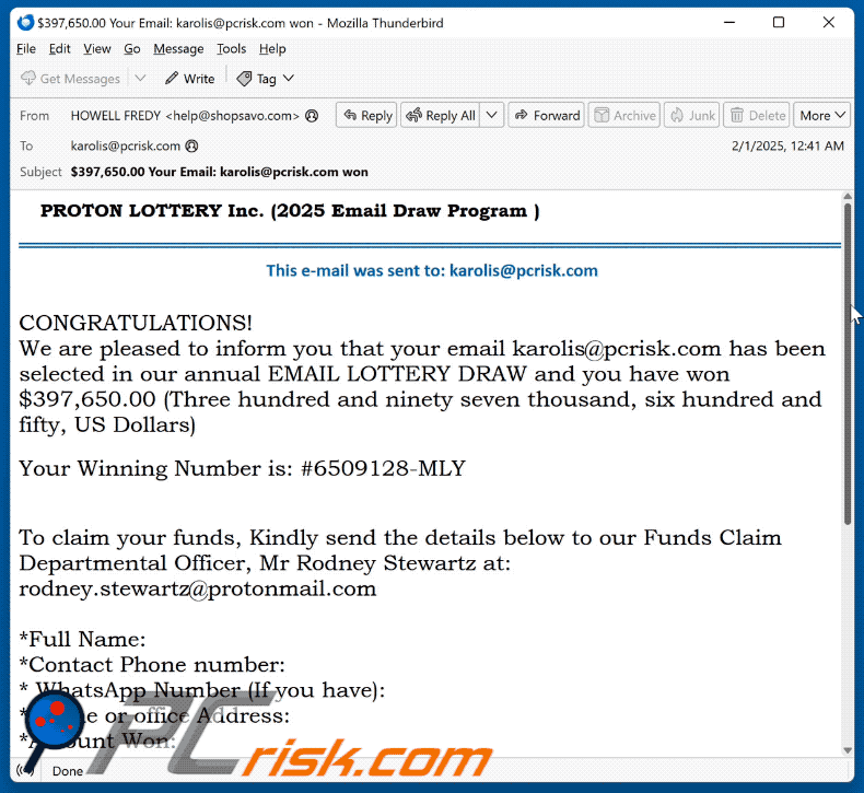 PROTON LOTTERY scam email appearance (GIF)