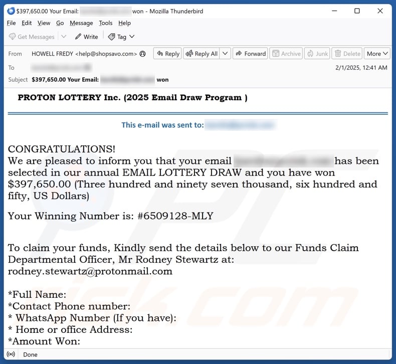 PROTON LOTTERY email spam campaign