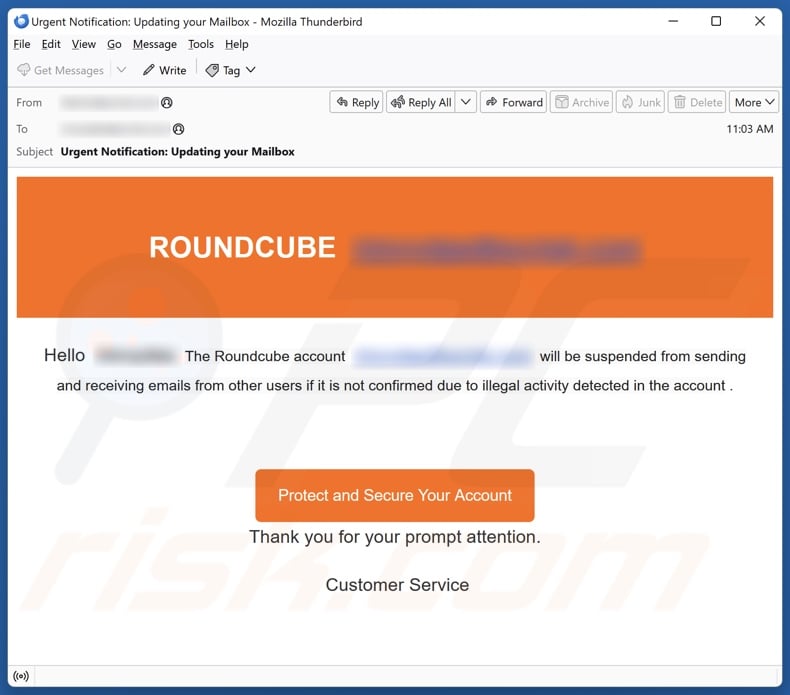 Roundcube Account Will Be Suspended email spam campaign