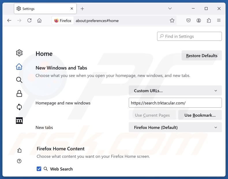 Removing search.trktacular.com from Mozilla Firefox homepage