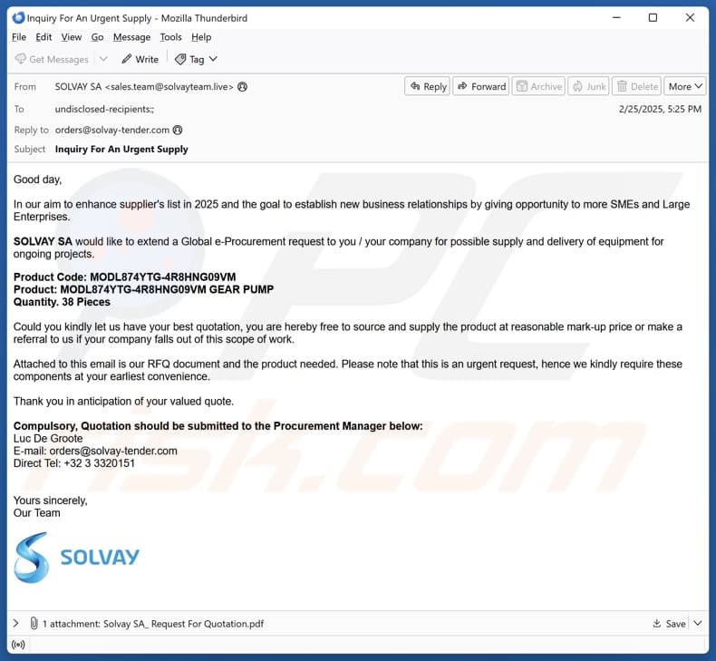 Solvay - New Business Relationships email spam campaign