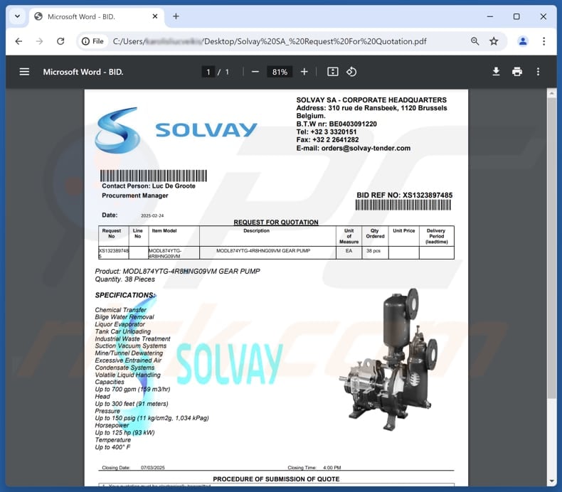 Solvay - New Business Relationships Email Scam attachment