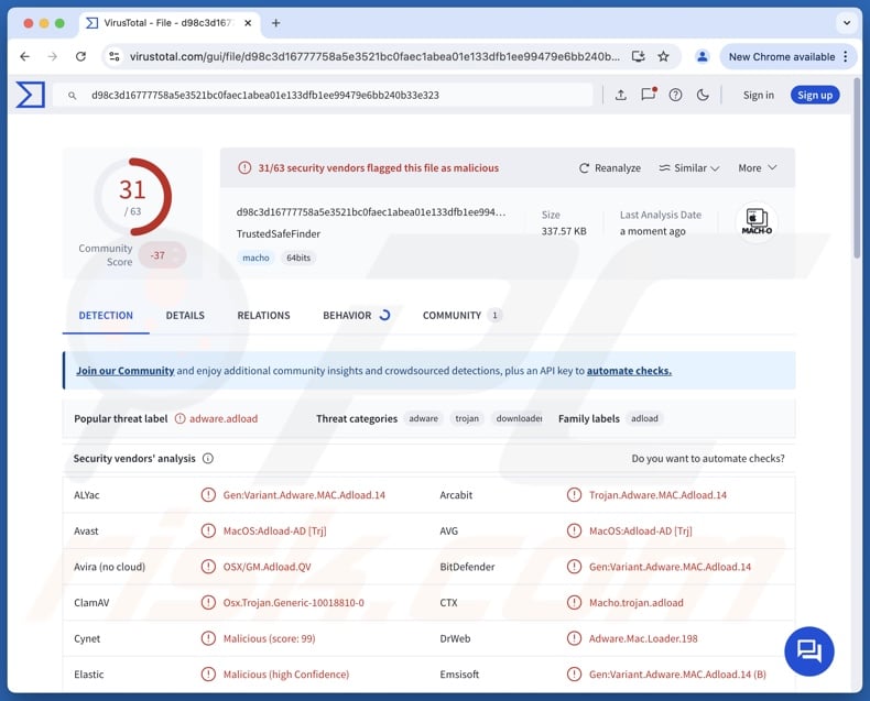 TrustedSafeFinder adware detections on VirusTotal