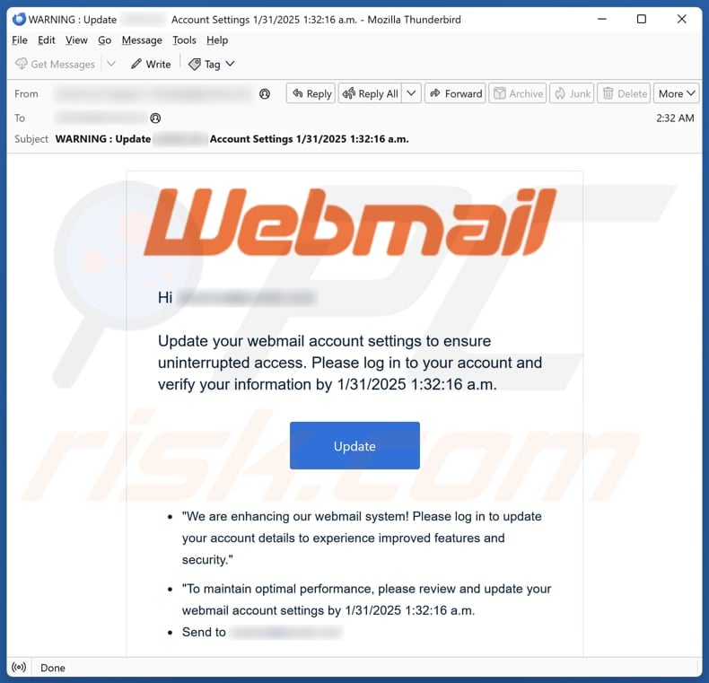 Update Your Webmail Account Settings email spam campaign