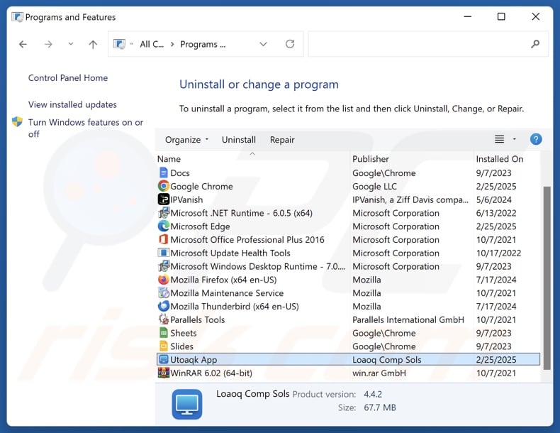 Utoaqk App uninstall via Control Panel