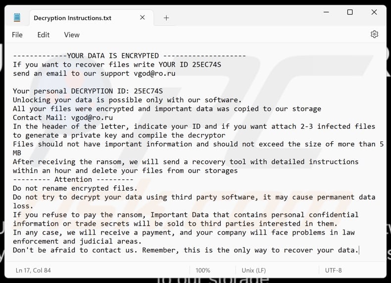 Vgod ransomware text file (Decryption Instructions.txt)