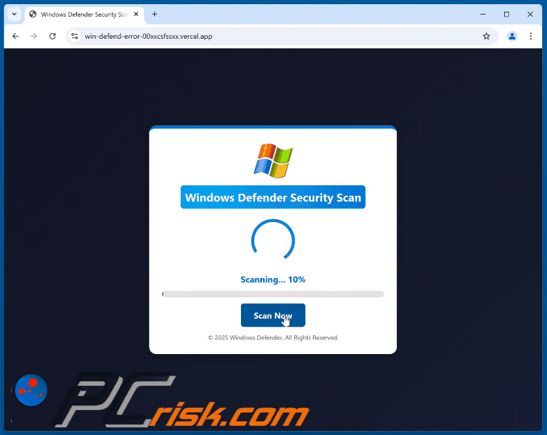 Alternative appearance of Windows Defender Security Scan scam (GIF)