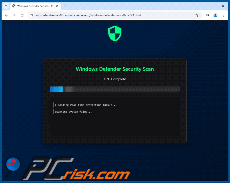 Appearance of Windows Defender Security Scan scam (GIF)