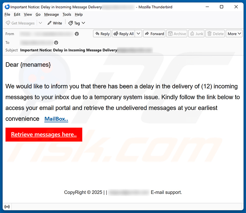 You Have Delayed Messages email scam (2025-02-03)