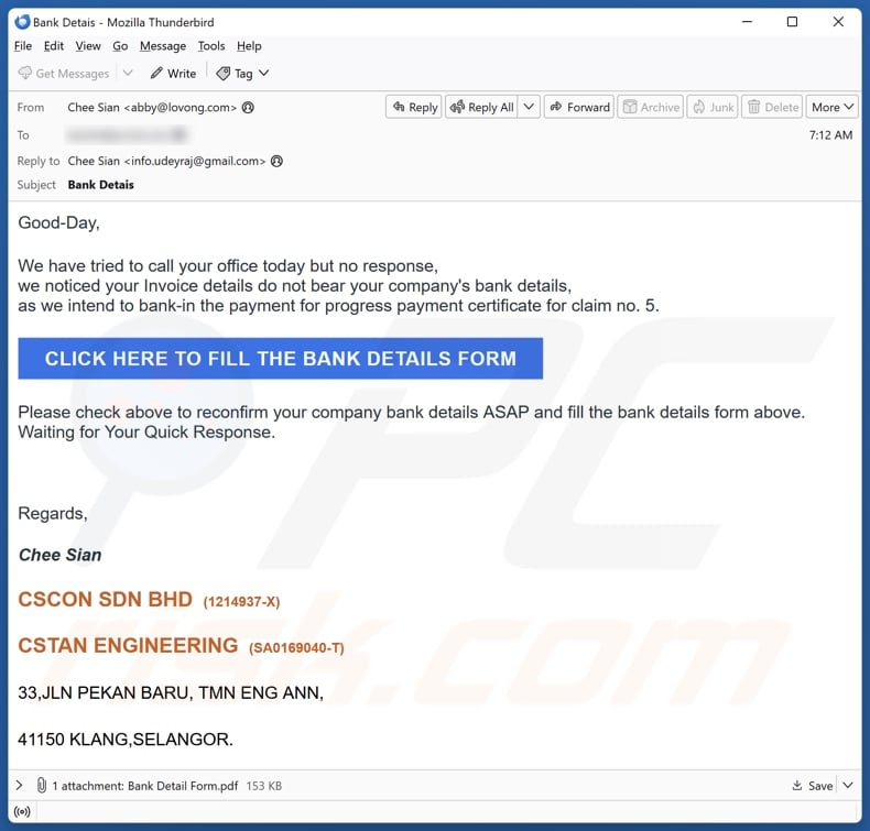 Bank Details email spam campaign
