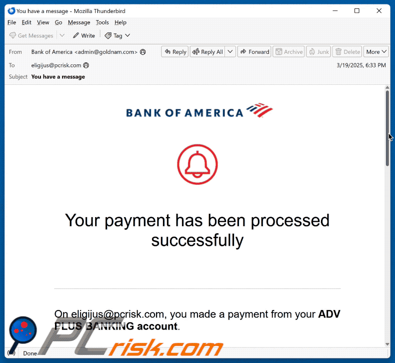 Bank Of America - Payment Processed Successfully Email Scam appearance