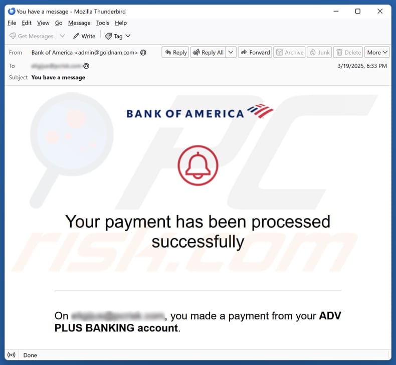 Bank Of America - Payment Processed Successfully email spam campaign