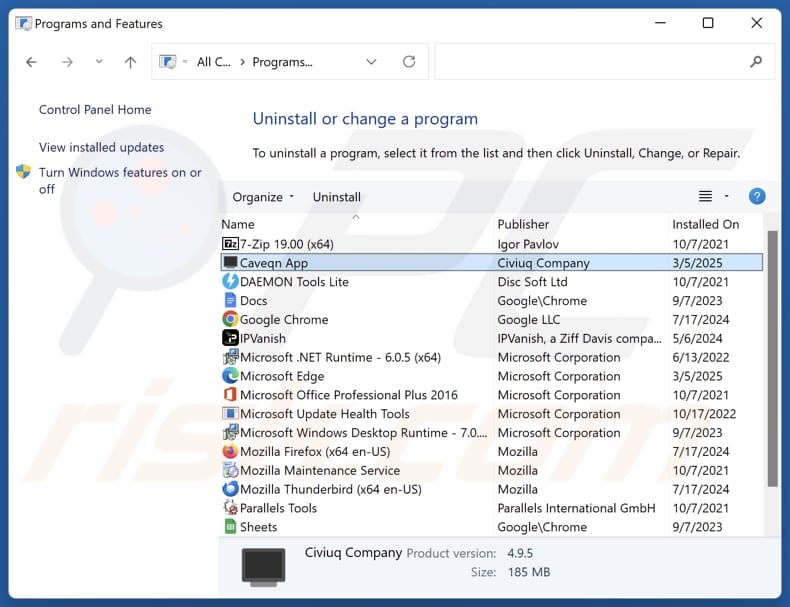 Caveqn App uninstall via Control Panel