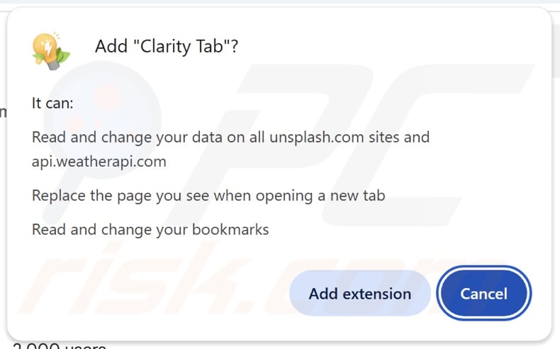 Clarity Tab browser hijacker asking for permissions