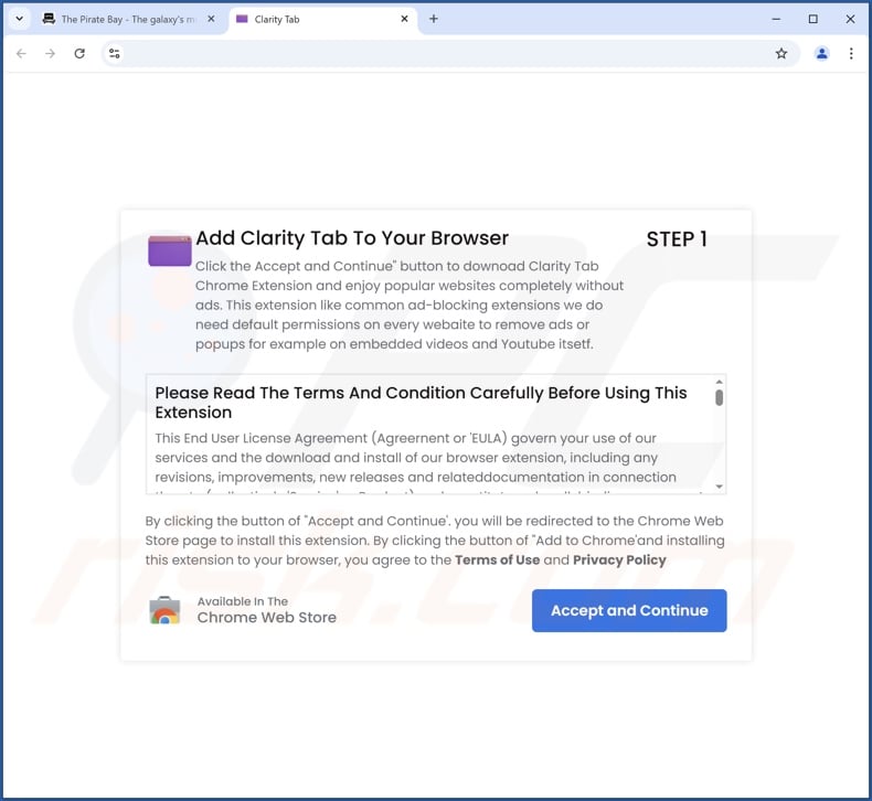 Website used to promote Clarity Tab browser hijacker