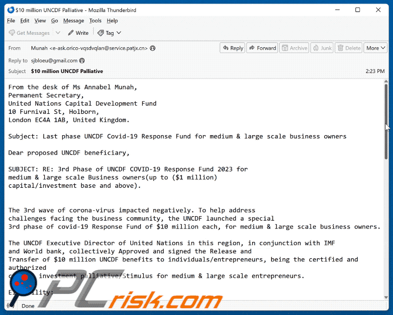 Covid-19 Response Fund Email Scam appearance