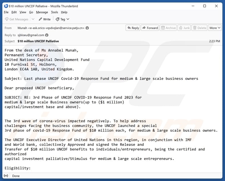 Covid-19 Response Fund email spam campaign