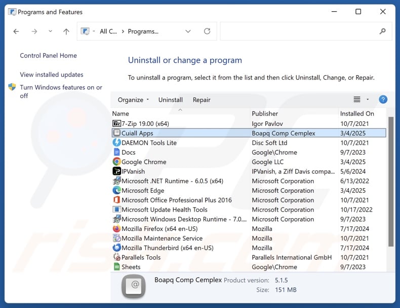 Cuiall Apps uninstall via Control Panel